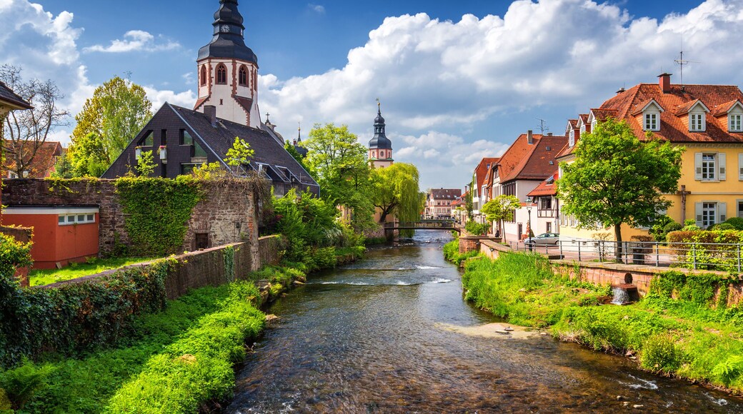 Cityscape by the river Alb in Ettlingen, Black Forest, Baden-Wurttemberg, Germany, Europe