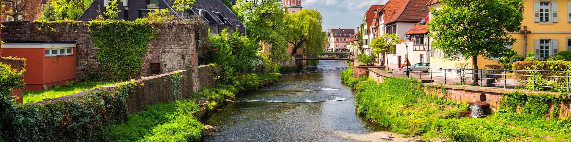 Cityscape by the river Alb in Ettlingen, Black Forest, Baden-Wurttemberg, Germany, Europe
