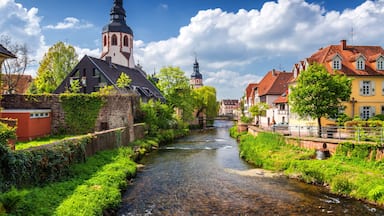 Cityscape by the river Alb in Ettlingen, Black Forest, Baden-Wurttemberg, Germany, Europe