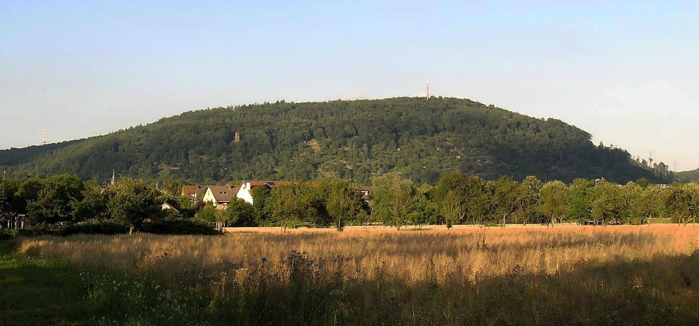 A hill with a small village at its base, surrounded by fields and trees.