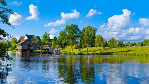 A historic mill by a calm lake, surrounded by lush greenery and a clear blue sky.