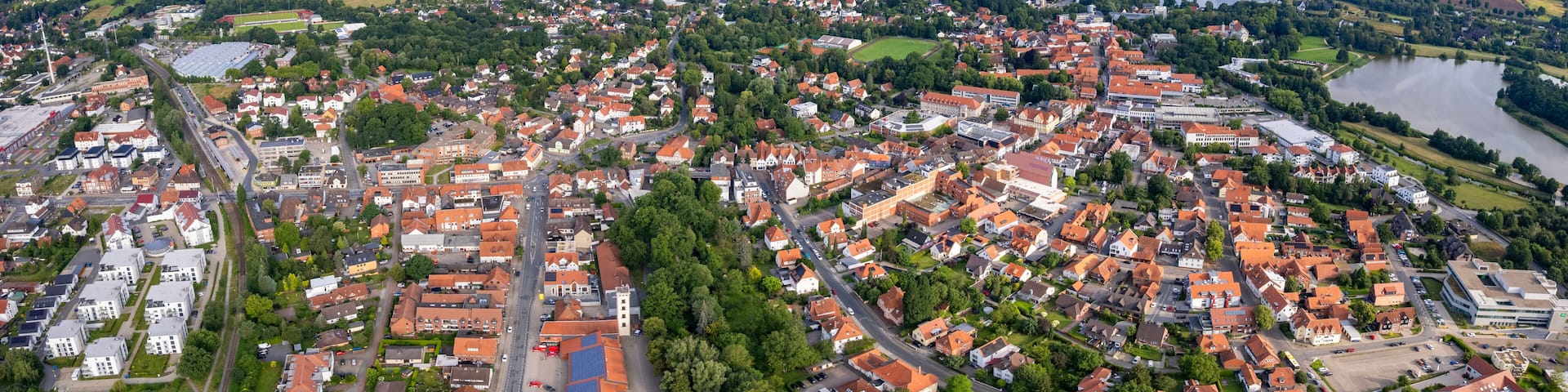Aerial panorama view around the old town in the city Gifhorn on an sunny spring day in Germany