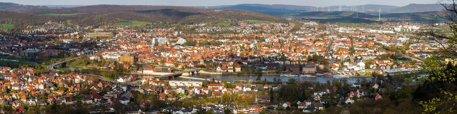 Panorama of Hameln on the river Weser in Germany