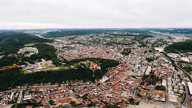 Vista aérea de uma cidade com um conjunto denso de edifícios com telhados vermelhos, rodeada por colinas verdes e uma grande estrutura semelhante a um castelo.