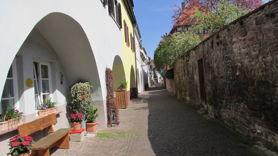 A cobblestone alley with a bench and potted plants, flanked by buildings with arched windows and a stone wall.