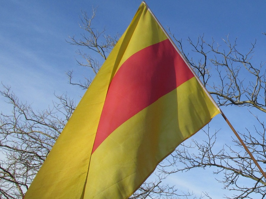 Eine Flagge in Gelb und Rot vor blauem Himmel und kahlen Bäumen.