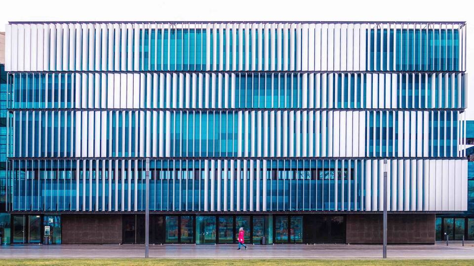 The exterior of the Rhein Mose Halle has a nice white and blue pattern. Interesting for #architecture photography
