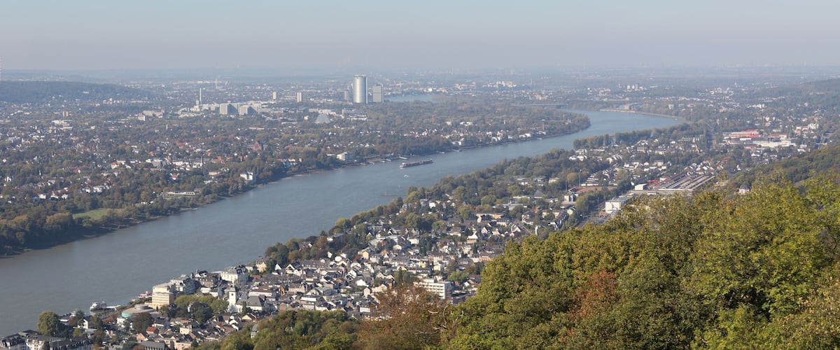 A river winding through a densely populated city with a prominent tower in the distance.