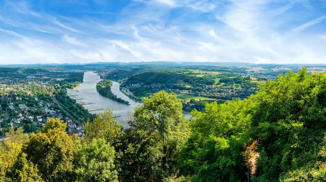 Aerial view from the Drachenfels in Koenigswinter to the Rhine valley, Bad Honnef and Grafenwert