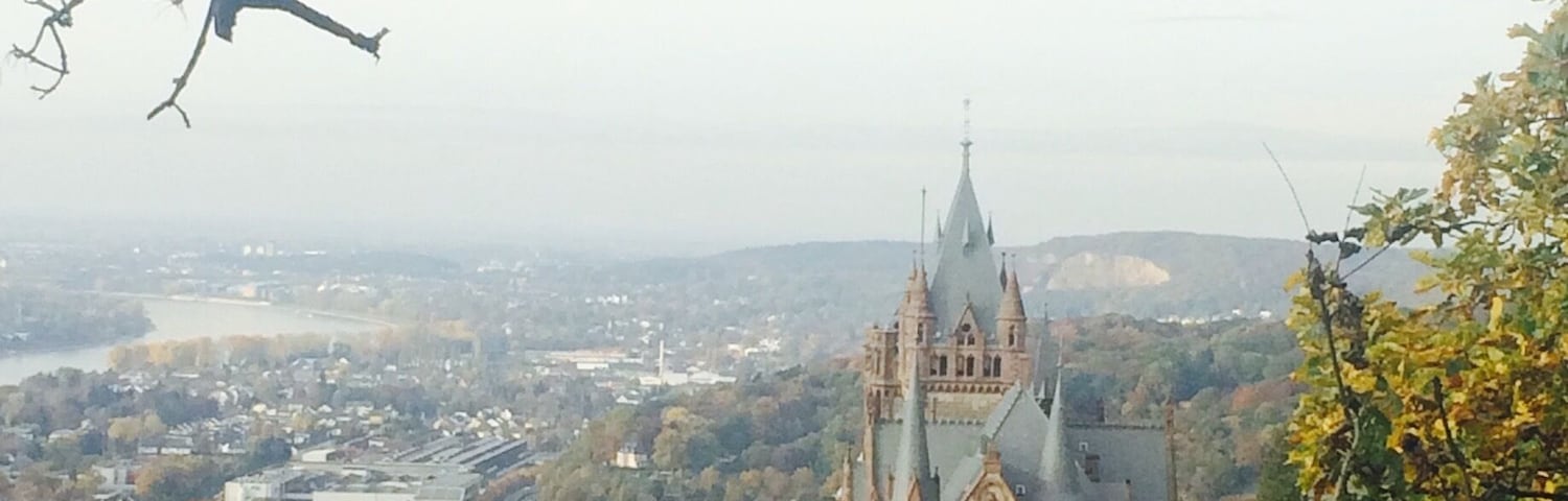 Schloss Drachenberg and view of Bonn beyond. Schloss Drachenburg is a private villa in palace style constructed in the late 19th century. It was completed in only two years (1882–84) on the Drachenfels hill in Königswinter, a German town on the Rhine near the city of Bonn. Baron Stephan von Sarter (1833–1902), a broker and banker, planned to live there, but never did.
Today the Palace is in the possession of the State Foundation of North Rhine-Westphalia. It is served by an intermediate station on the Drachenfels Railway. You can ride the train or hike from the bottom.