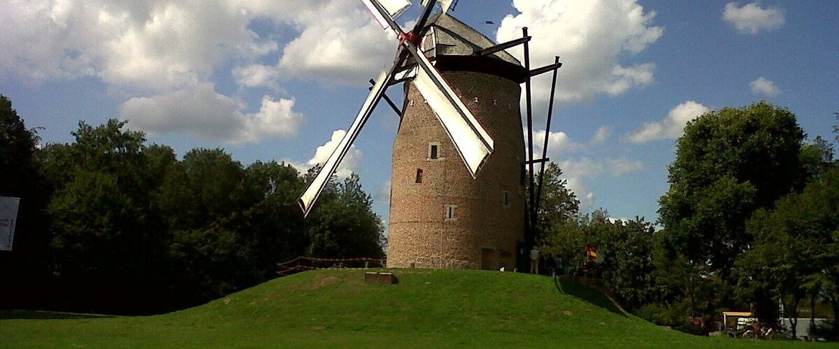 A traditional windmill with large sails, set against a backdrop of a clear blue sky and lush green trees.