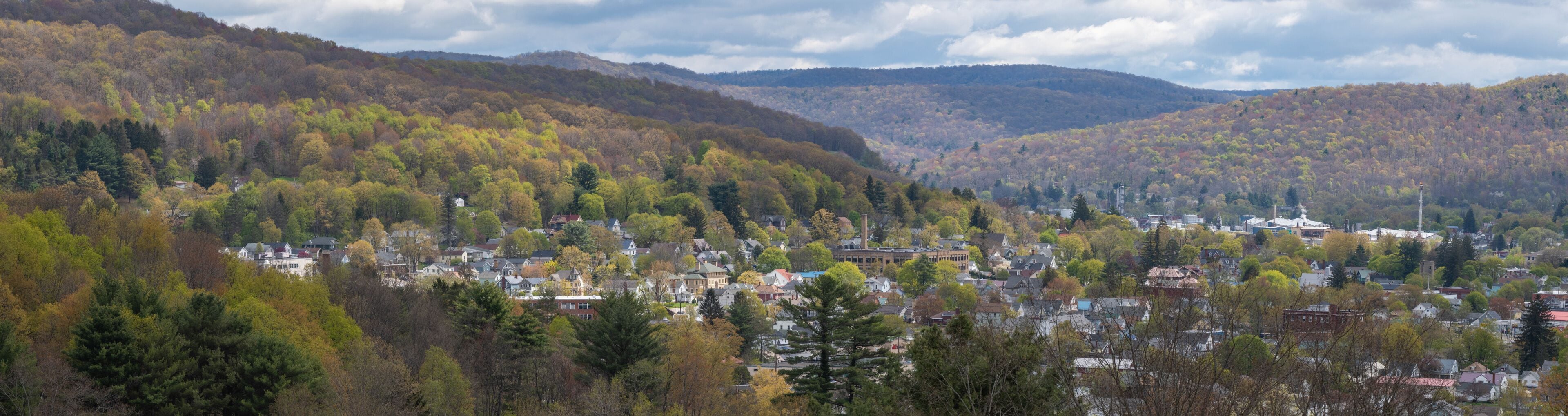 Town of Bradford Pa mountain valley landscape blooming season sky overcast theme USA town , Blooming trees, historic town.