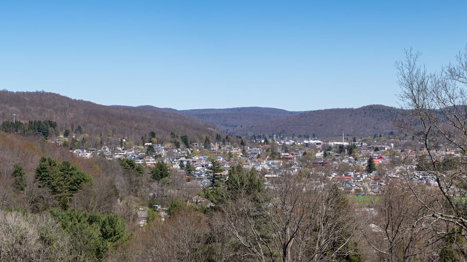 A town nestled in a valley surrounded by mountains.