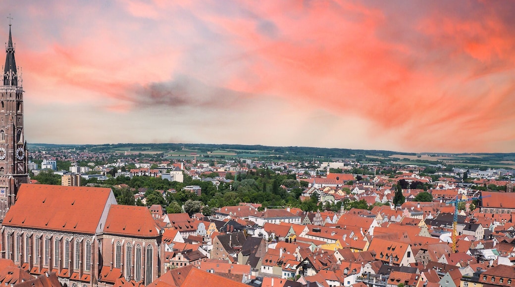 A cityscape with a prominent church tower, surrounded by red-roofed buildings and a cloudy sky.