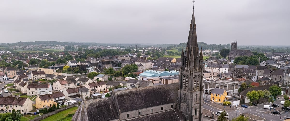 Wide aerial photography of Saint Michael's Church in Ballinasloe, Galway, Misty day