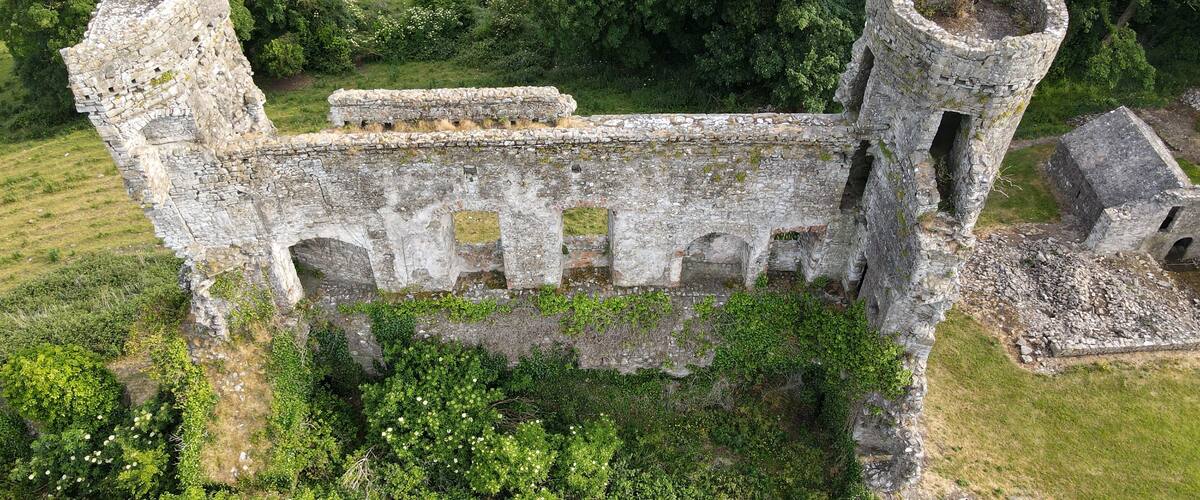 Aerial view. Ruins of Dunmoe Castle , Anglo-Norman donjon. Navan. Ireland