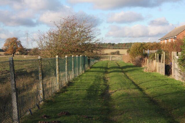 A fenced pathway with a grassy area, a tree, and a building in the background.