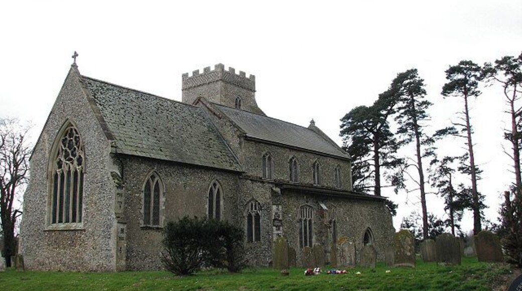 St Andrew's Church. West Bradenham used to be one of the homes of a prominent Norfolk farming family called Haggard; the author Henry Rider Haggard was born here. The tower of St Andrew's church is placed on the south wall rather than at the west end > 710112. St Andrew's is perhaps most noteworthy for the many stained glass windows > 710137 dating from the 19th century and executed by the best workshops of that time: the east window > 710137 - 710144 was made by William Wailes, and the O'Connor Brothers designed the windows set into the west wall > 710153. The church is kept locked but a key is available. For more information see: http://www.norfolkchurches.co.uk/westbradenham/westbradenham.htm
