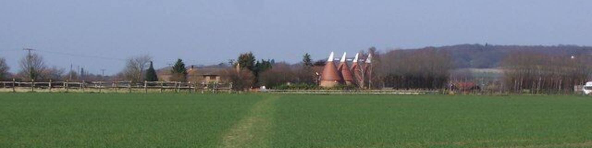 Footpath to Court Lane Path from Pierce Mill Lane, leads through field to Boorman's Farm on road.