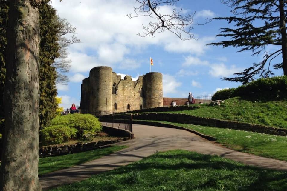 Un castillo con dos torres, rodeado de exuberante césped verde y árboles.