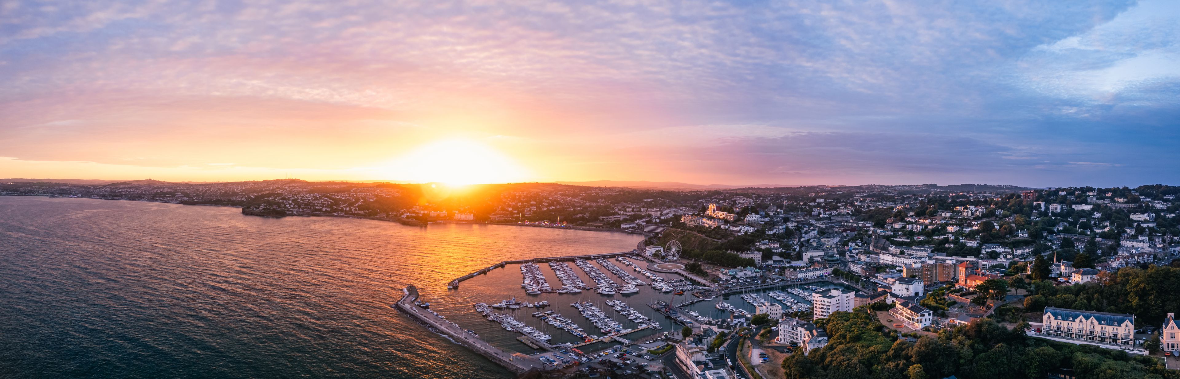 Sunset over Torquay Harbour and Marina, English Riviera from a drone, Devon, England, Europe