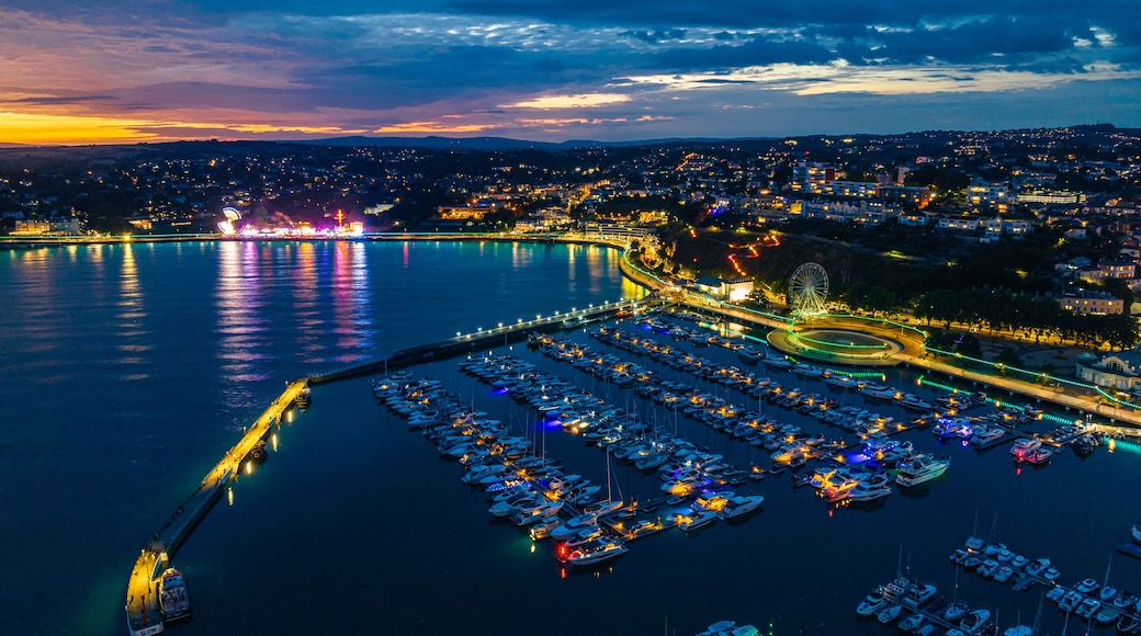 Sunset over Torquay Harbour and Marina, English Riviera from a drone, Devon, England, Europe