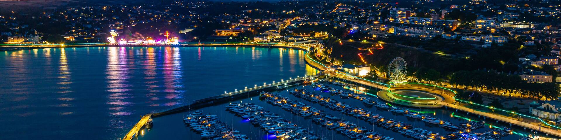 Sunset over Torquay Harbour and Marina, English Riviera from a drone, Devon, England, Europe