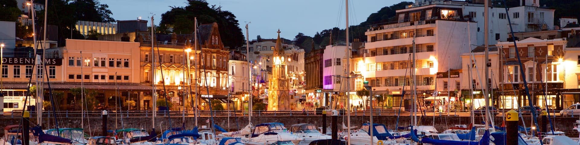 Torquay ofreciendo una ciudad costera, una marina y escenas nocturnas