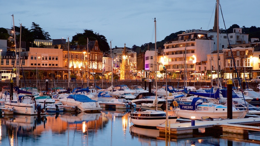 Torquay which includes night scenes, a marina and a coastal town