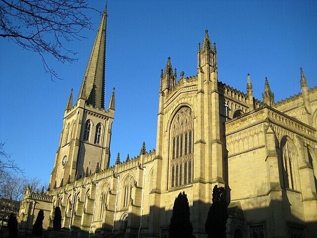 Wakefield Cathedral A church has stood on the site of Wakefield Cathedral in Kirkgate since Saxon times. The present building was built in the 14th century and restored in the 19th century, and is a grade I listed building. The parish church of All Saints was elevated to cathedral status when Wakefield became a city in 1888.