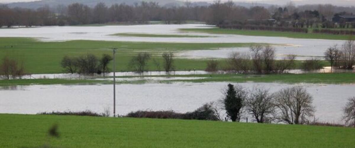 A flooded rural landscape with fields and a distant hill.