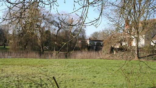 Mill stream over the garden The house on the right is marked up as a mill on the map and the stream from it is in the mid-picture.