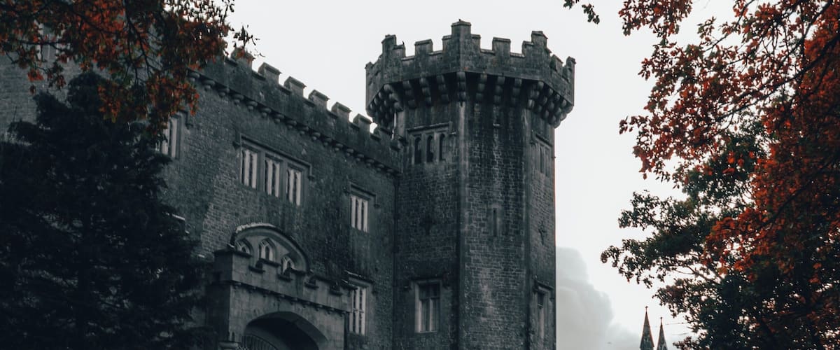 A castle with a round tower, surrounded by trees and a wet pathway.