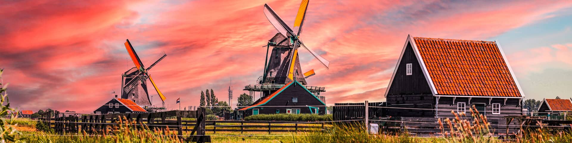 Dutch old historic windmills - sunset light. Zaanse Schans, Zaandam - the Netherlands