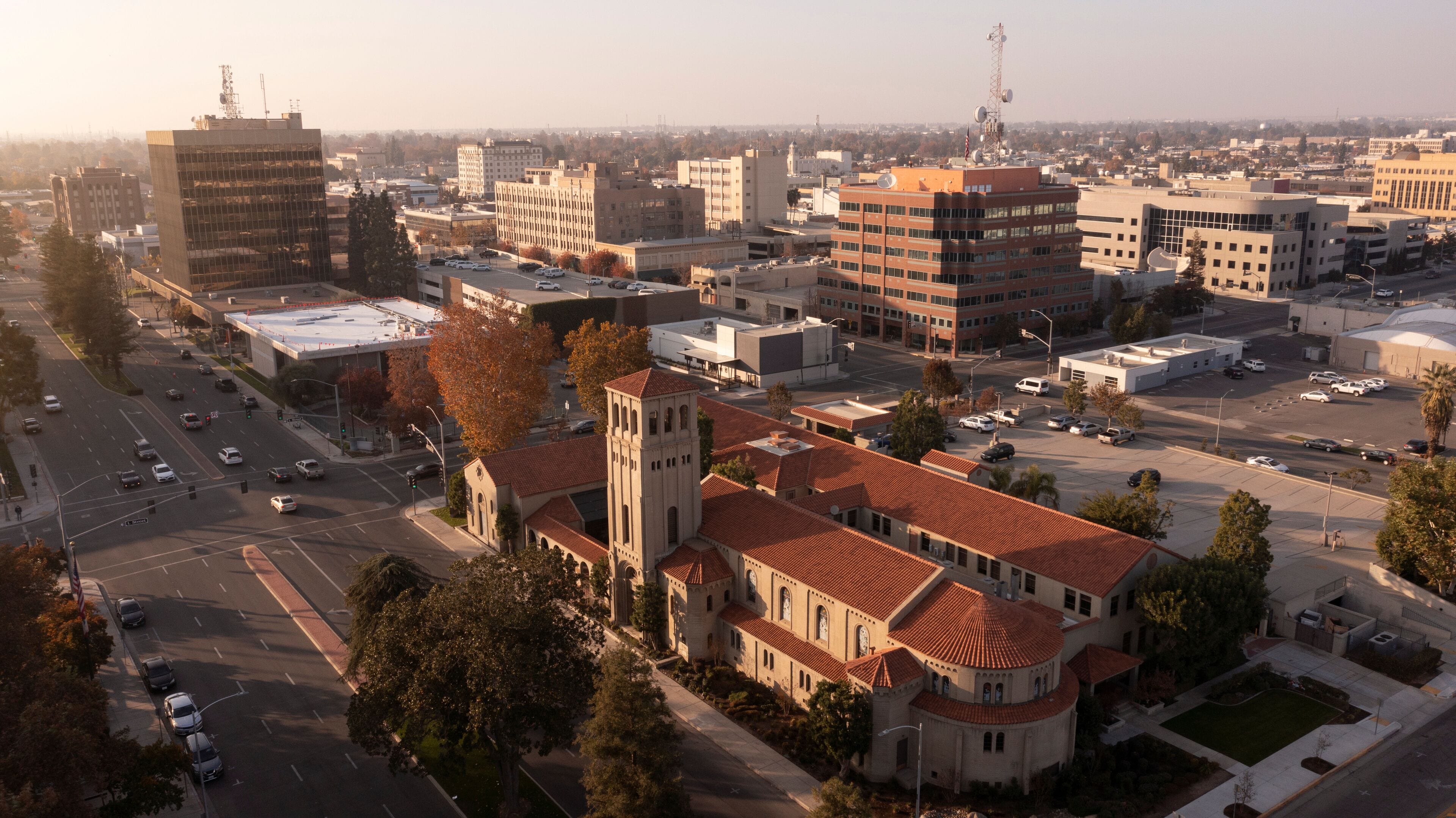 Sunset aerial view of historic downtown Bakersfield, California, USA.