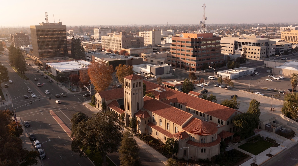 Sunset aerial view of historic downtown Bakersfield, California, USA.