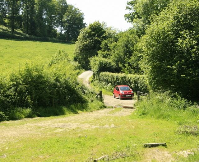 A red car on a dirt path surrounded by lush greenery.
