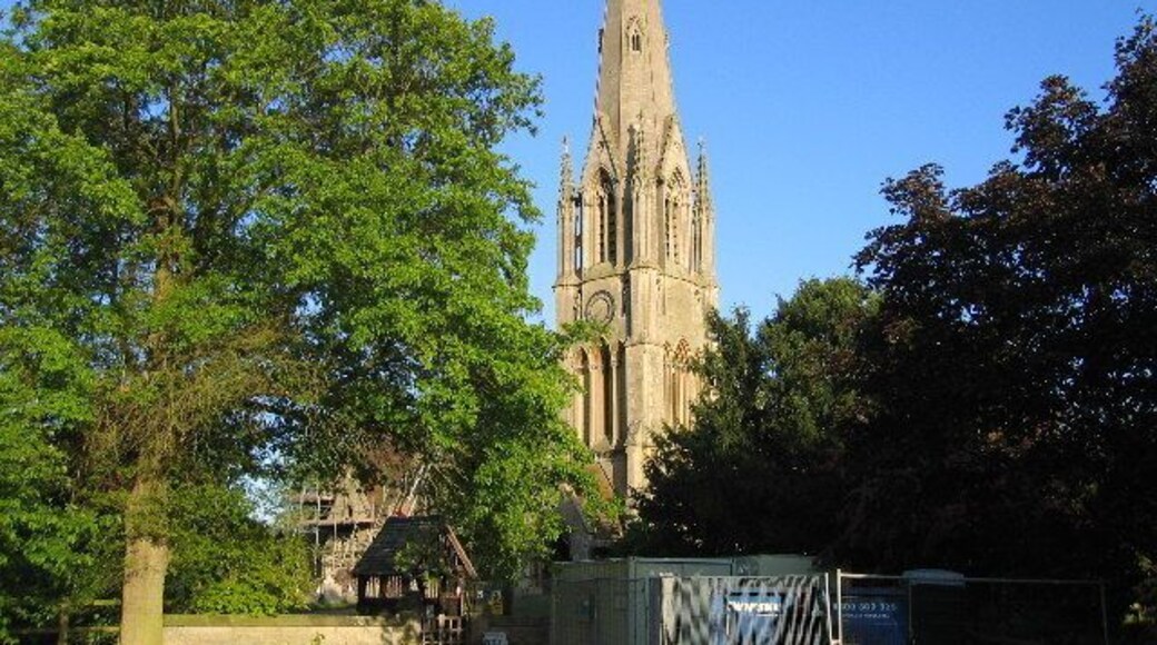Sherbourne. All Saints Church, with its elegant spire, currently undergoing roof restoration work.