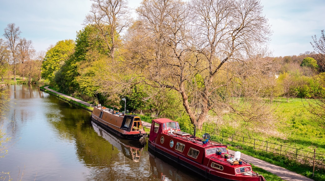 Narrow boats at river Gade, Grand Union Canal, on a sunny day. Cassiobury Park, Watford, Hertfordshire, England.
