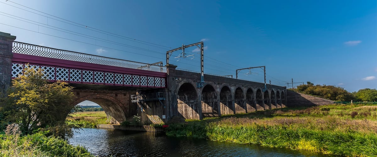 A view along the eastern side of the Fourteen Arches viaduct near Wellingborough UK in the summertime