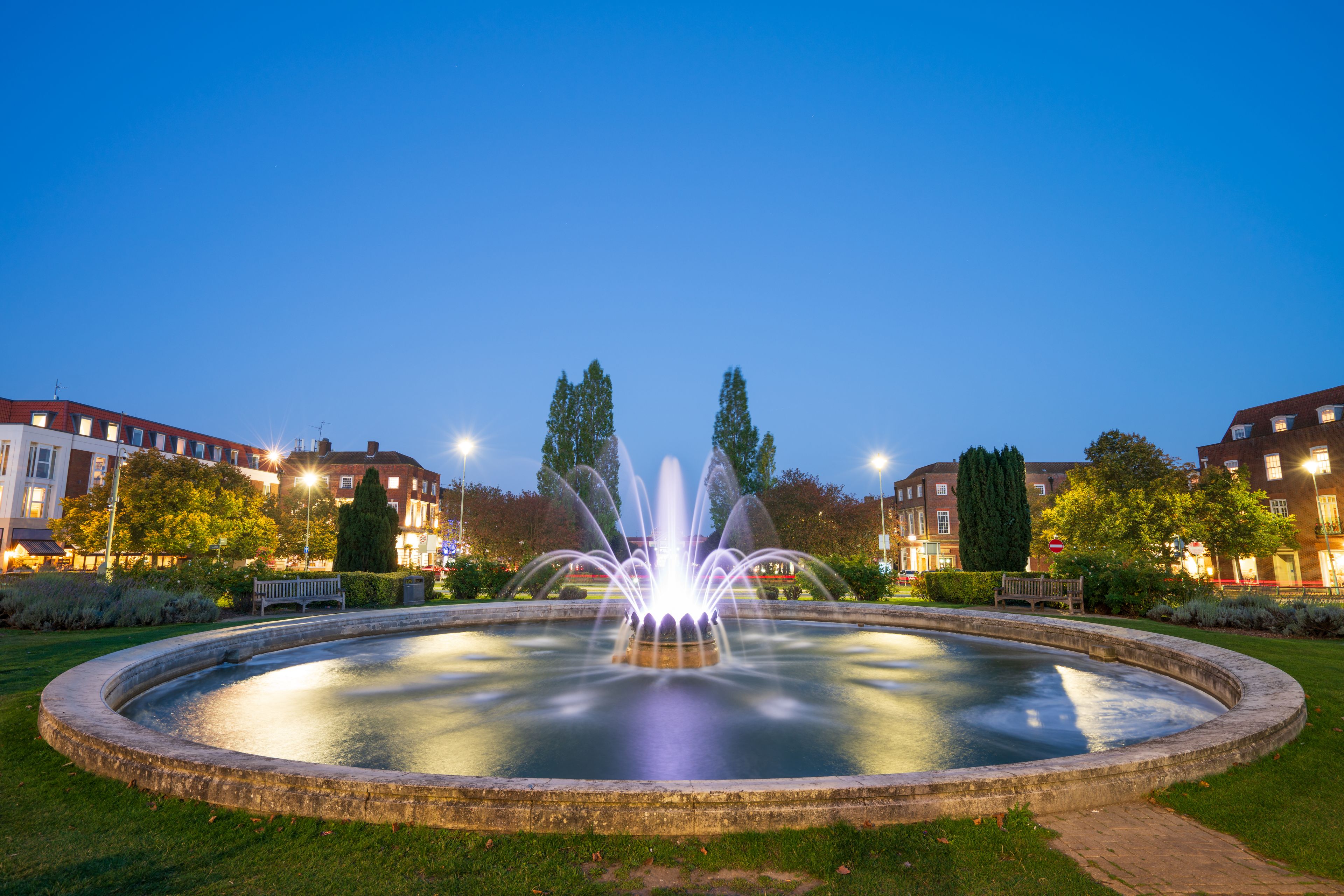 Welwyn Garden City Fountain illuminated at night