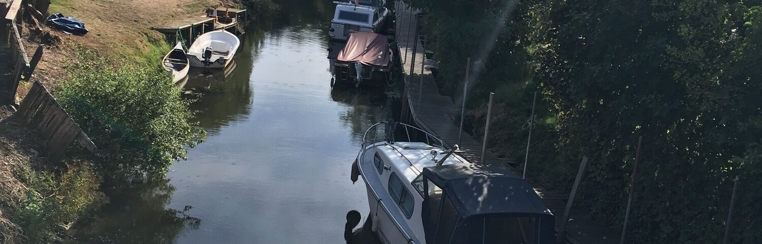 Un río tranquilo con barcos amarrados a sus orillas, rodeado de exuberante vegetación y edificios residenciales.