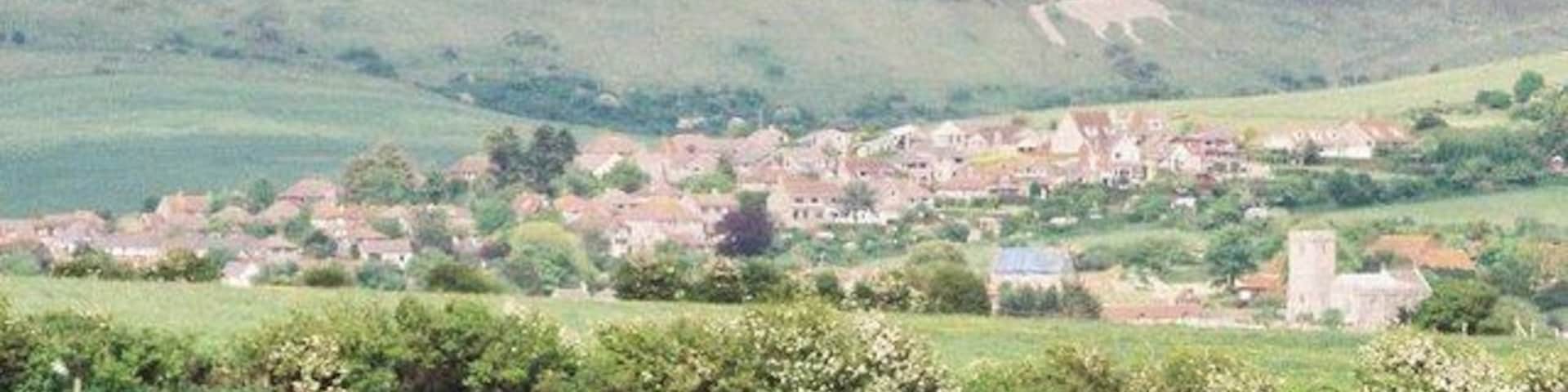Preston and the white horse, from Jordan Hill. Looking over the village of Preston with the 447647 in the distance.