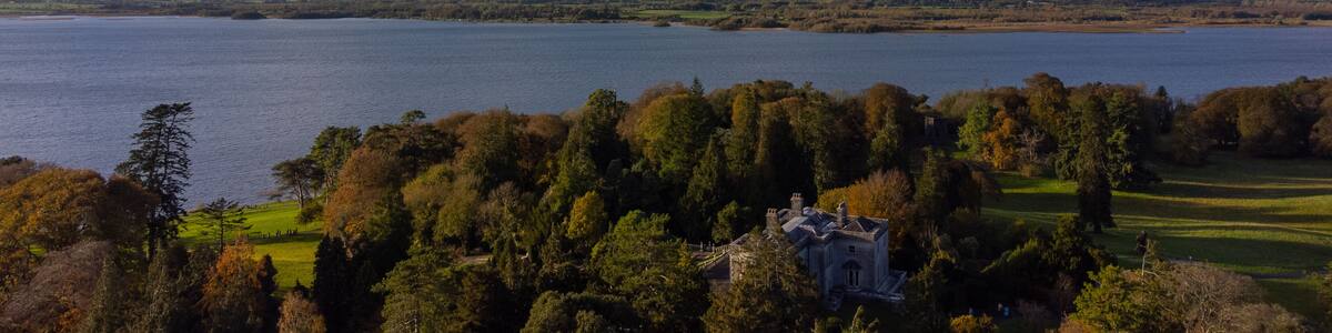 An aerial photo of the Belveder House near Mullingar town , Westmeath , Ireland .