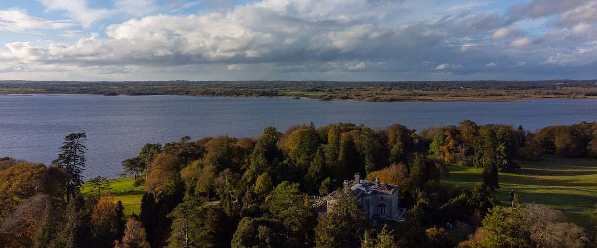 An aerial photo of the Belveder House near Mullingar town , Westmeath , Ireland .