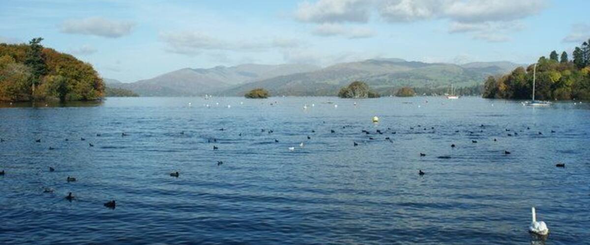 Windermere From Bowness Looking up the lake, from close to the viewpoint. Belle Isle is to the left of picture. The three small islands in the centre of picture are, left to right: Hen Holme, Lady Holme, Rough Holme.