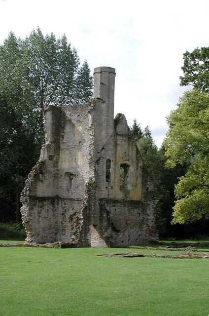 A ruined stone structure with a chimney, surrounded by trees and grass.