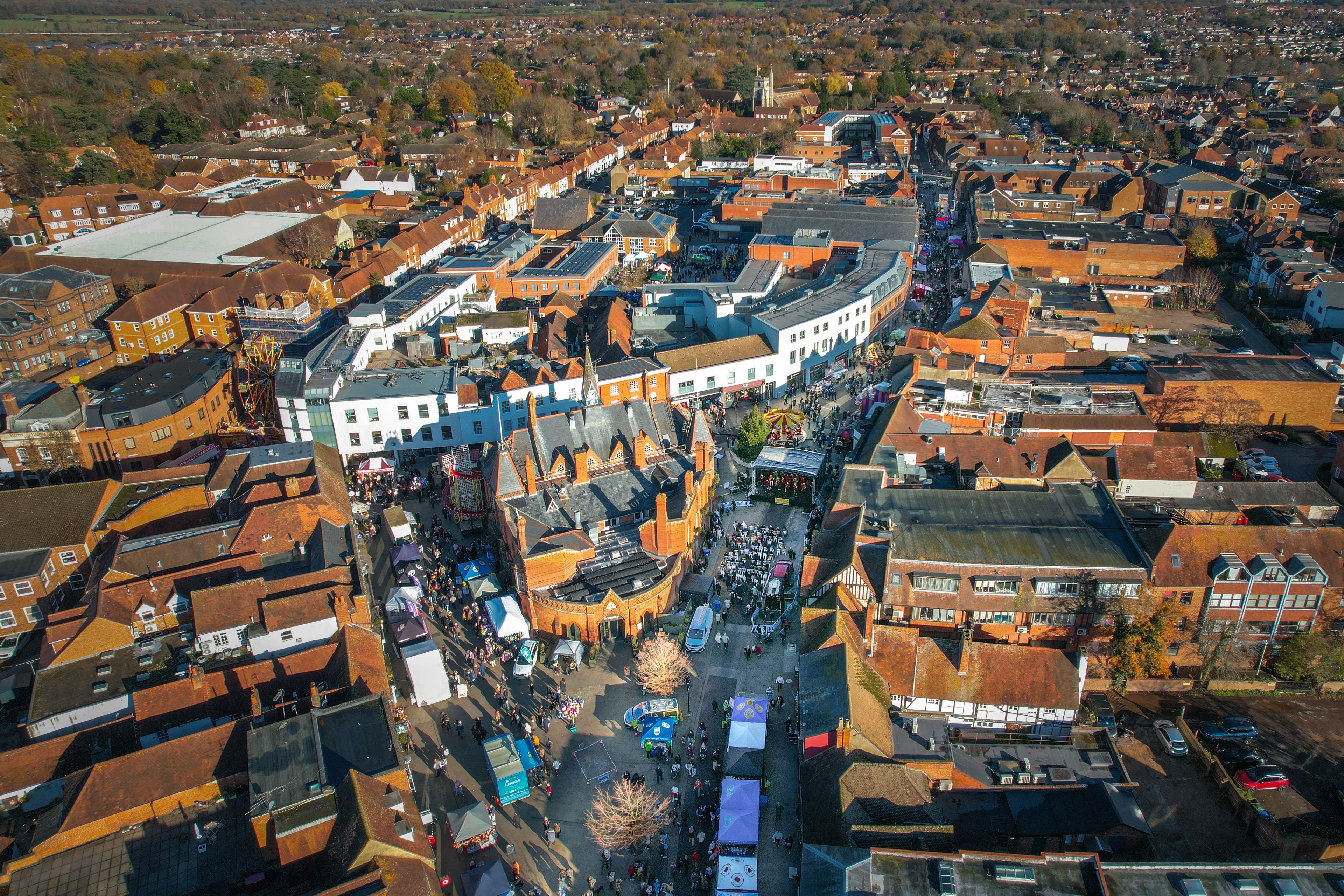 2025 Christmas Market in Wokingham, Berkshire England. Aerial view daytime in Winter