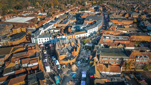 2025 Christmas Market in Wokingham, Berkshire England. Aerial view daytime in Winter