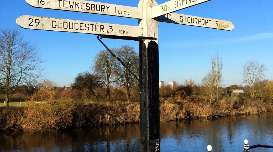 The canal signpost at the start of the Worcester and Birmingham Canal on the River Severn. Only 58 locks uphill to Birmingham!